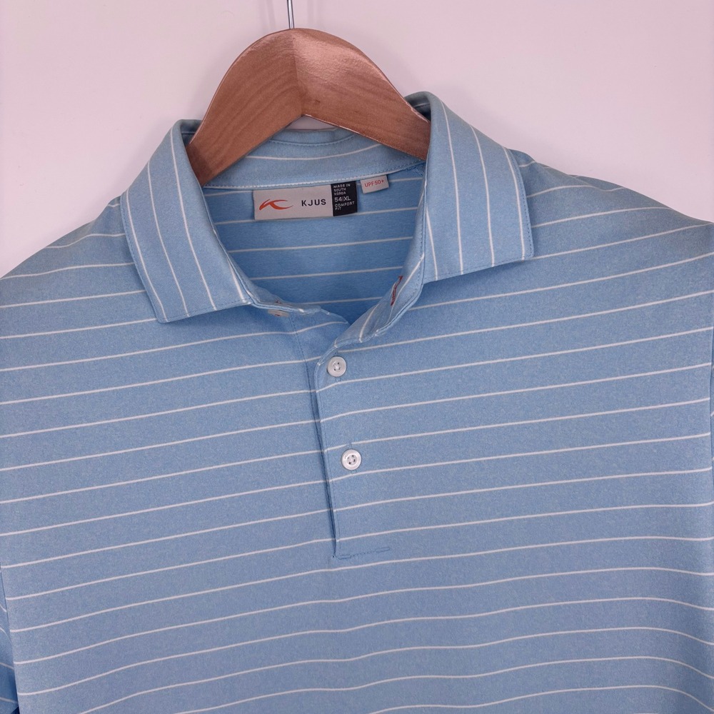 KJUS Soren Mel Stripe Polo Long Sleeve Shirt Mens XL Blue UPF 50+ Golf